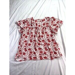 Skies Are Blue Curvy Red Floral Blouse Size 2X Short Flutter Sleeve Boho EUC